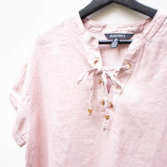 Ellen Tracy | NWT Pink Linen Short Sleeve Blouse - Picture 3 of 7